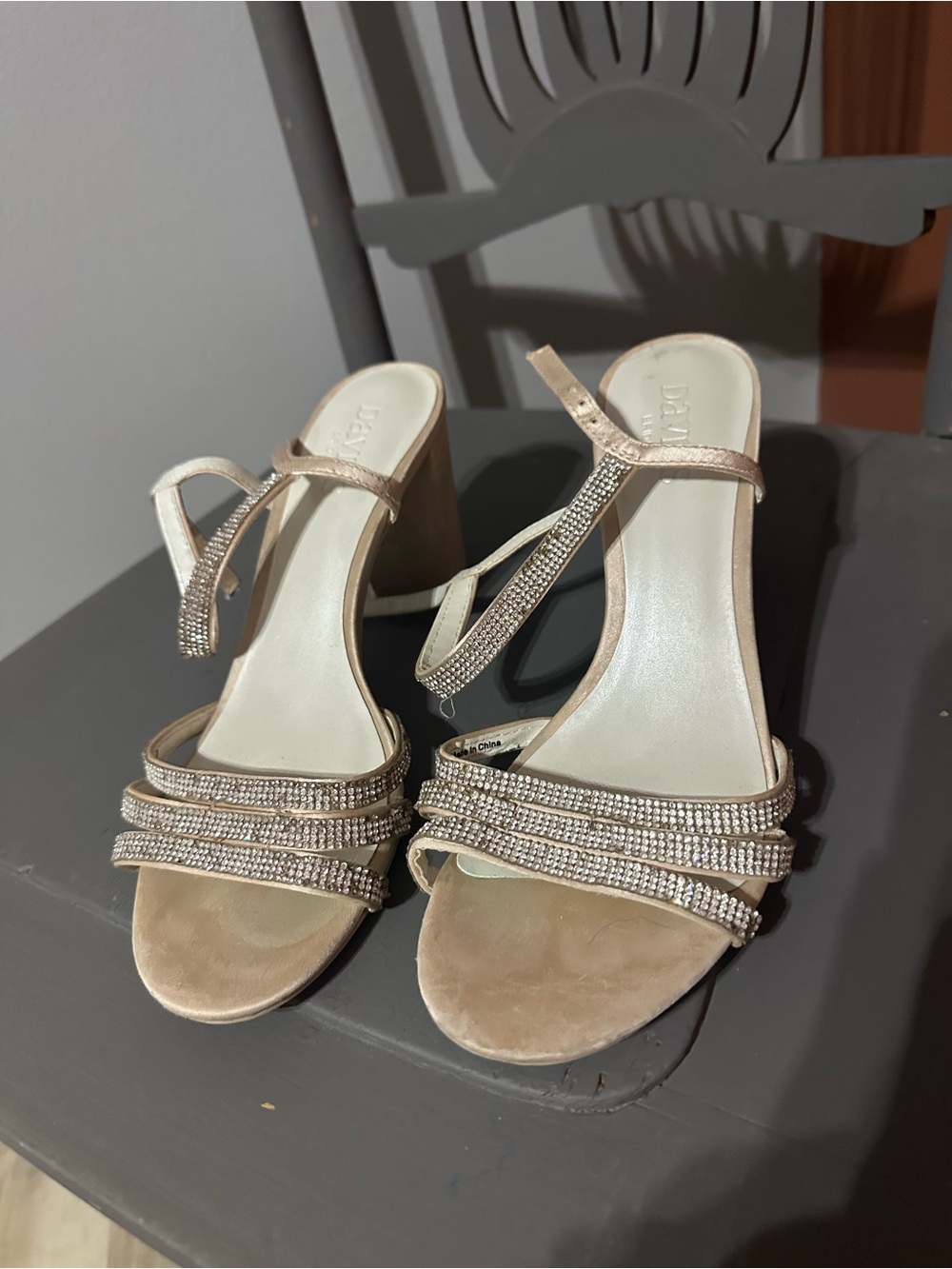 David's Bridal Champagne Rhinestone Strappy Heels